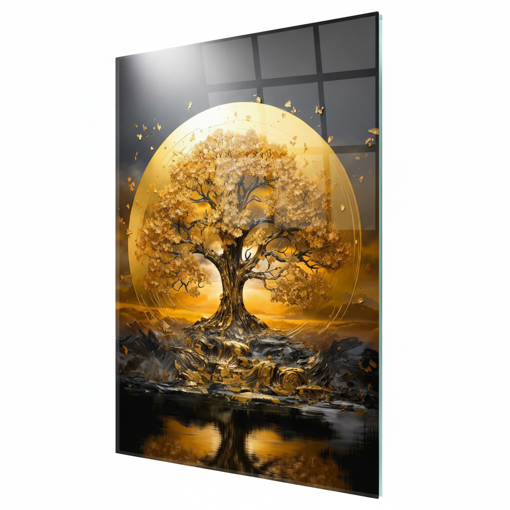 Arbre d'or de la Vie Tableau en Verre Trempé