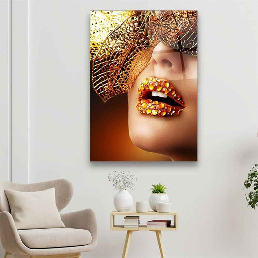 Gold Jeweled Lips Glass Wall Art