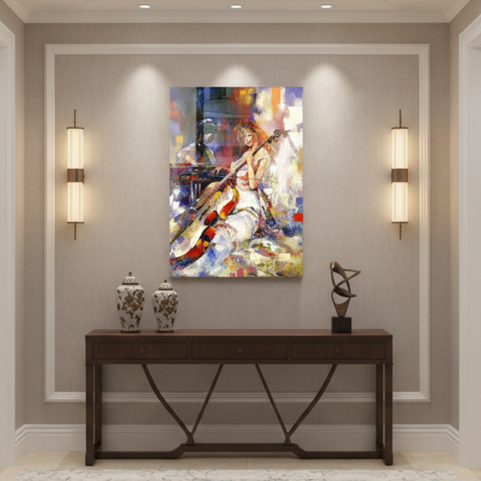 Fille Jouant du Violoncelle Tableau en Verre Trempé