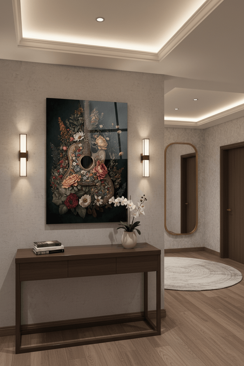 Guitar with Flowers Glass Wall Art