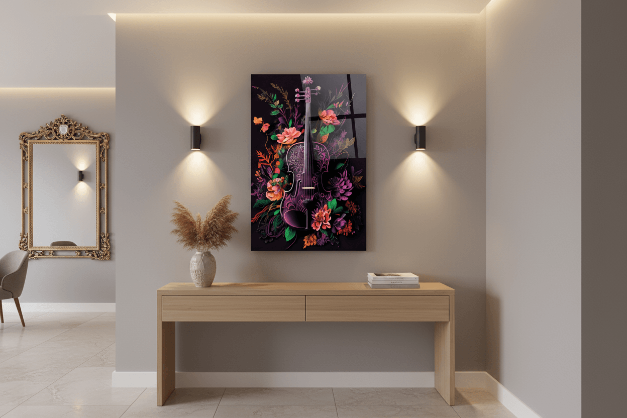 Violon avec Fleurs Tableau en Verre Trempé