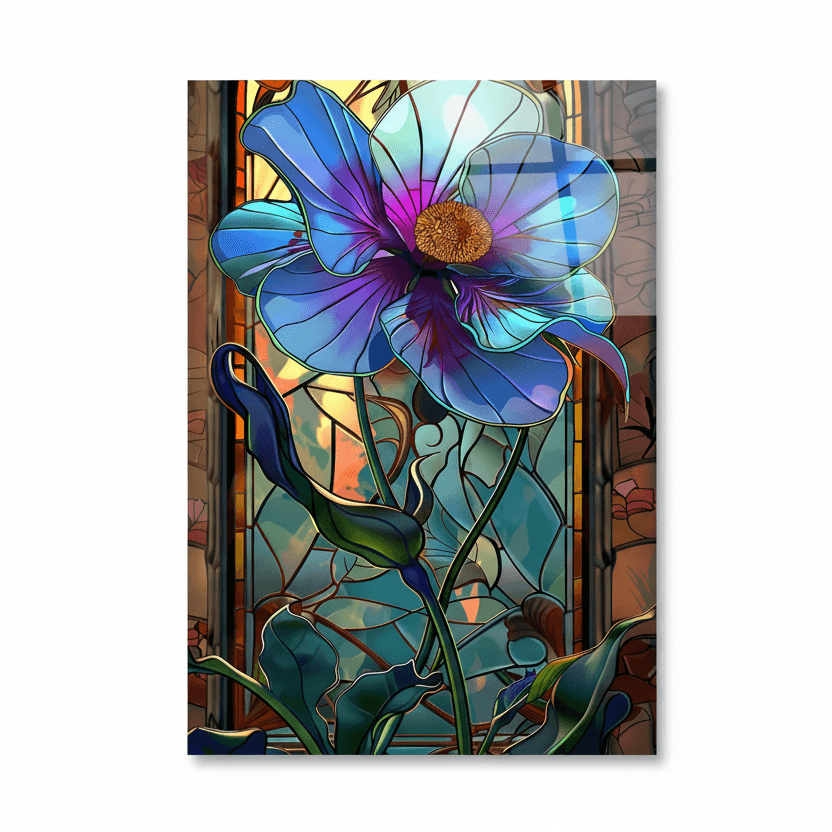 Fleur Bleue Effet Vitrail Tableau en Verre Trempé