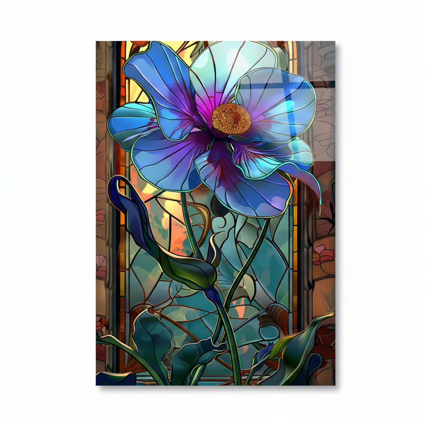 Fiore Blu Effetto Vetrata Quadro in Vetro Temperato