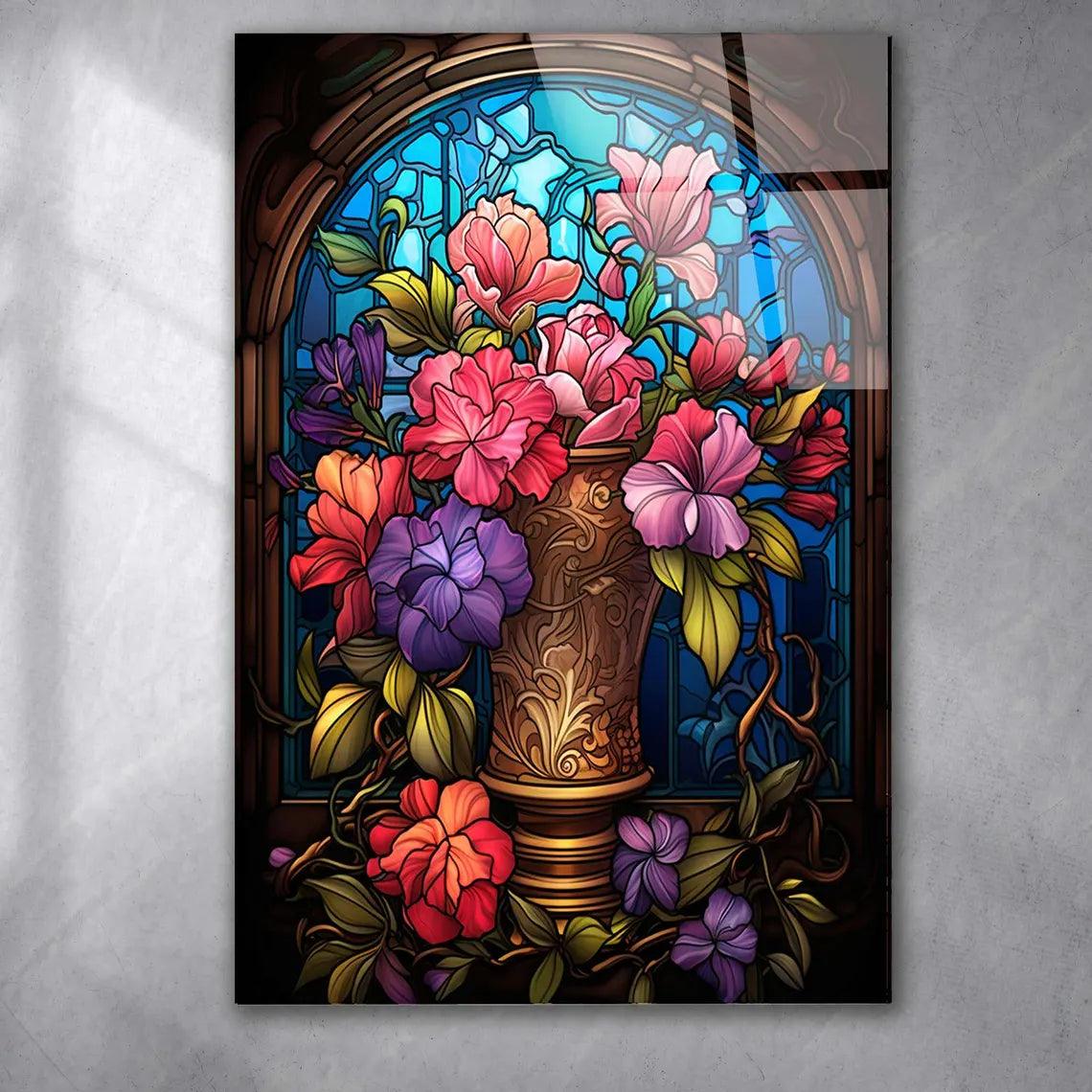 Vase avec Fleur Effet Vitrail Tableau en Verre Trempé