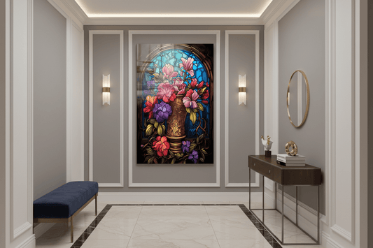 Stained Effect Vase with Flowers Glass Wall Art