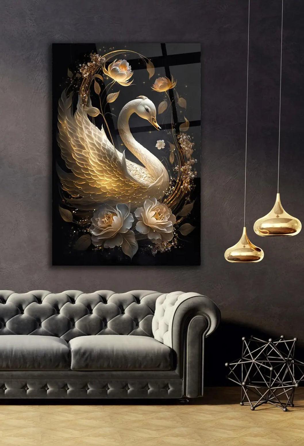 Cygne Blanc Tableau en Verre Trempé