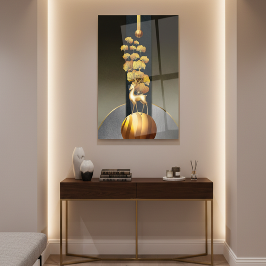 Cerf Doré Tableau en Verre Trempé