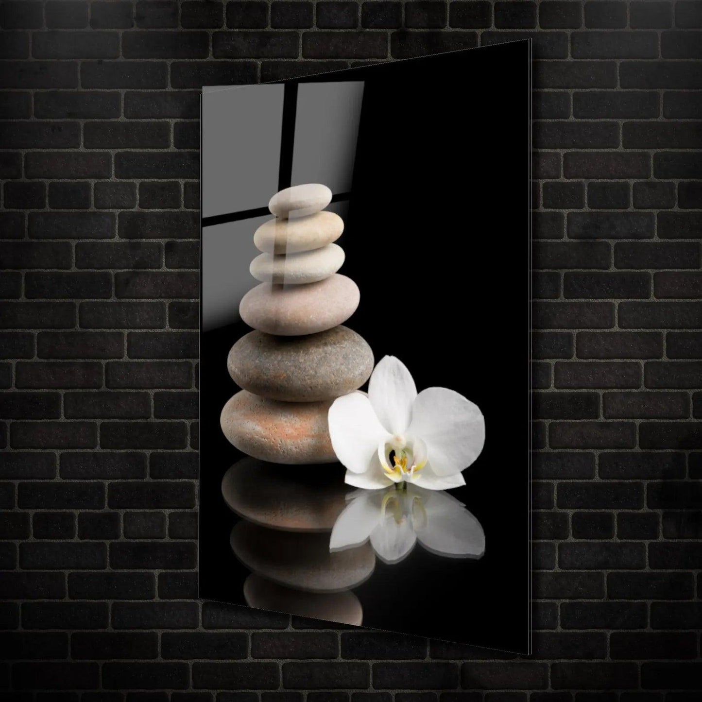 Orchidée Blanche et Pierres Tableau en Verre Trempé