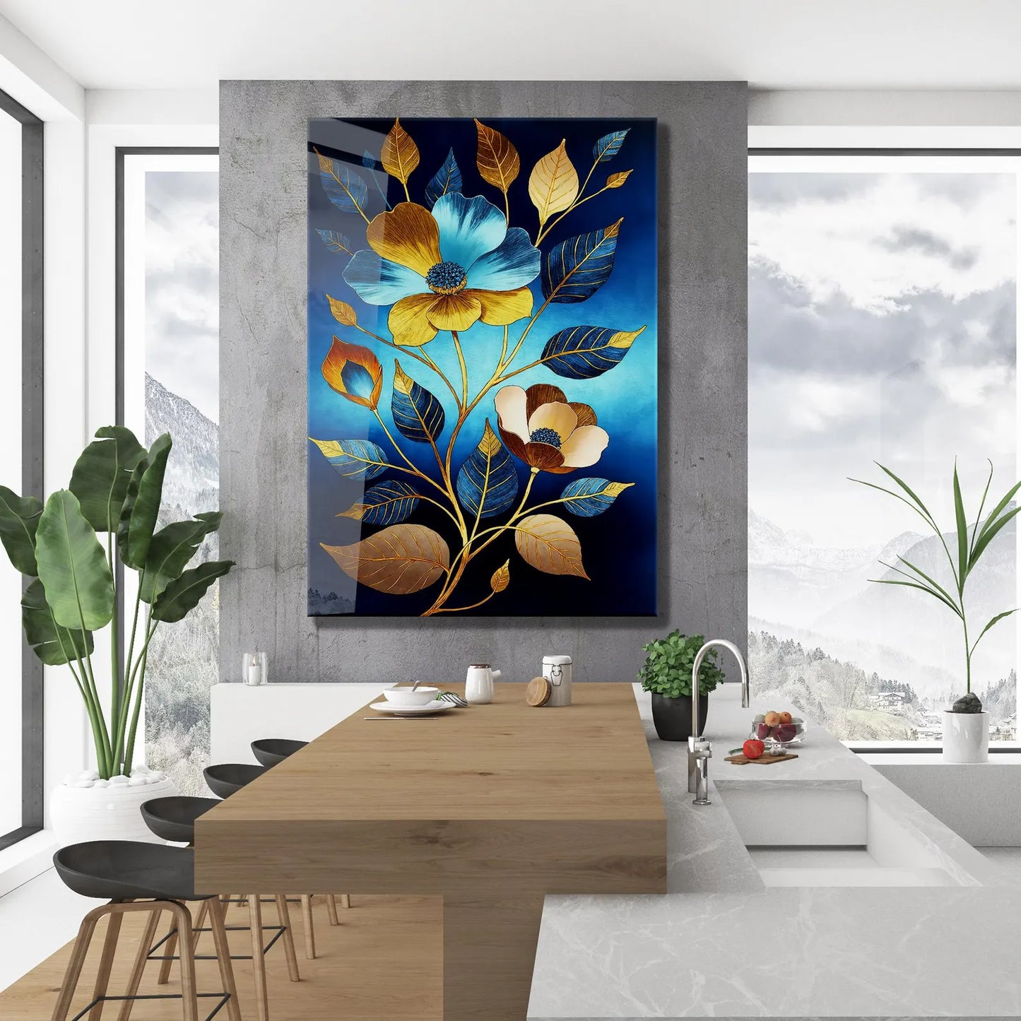 Décoration murale en verre à fleurs bleues