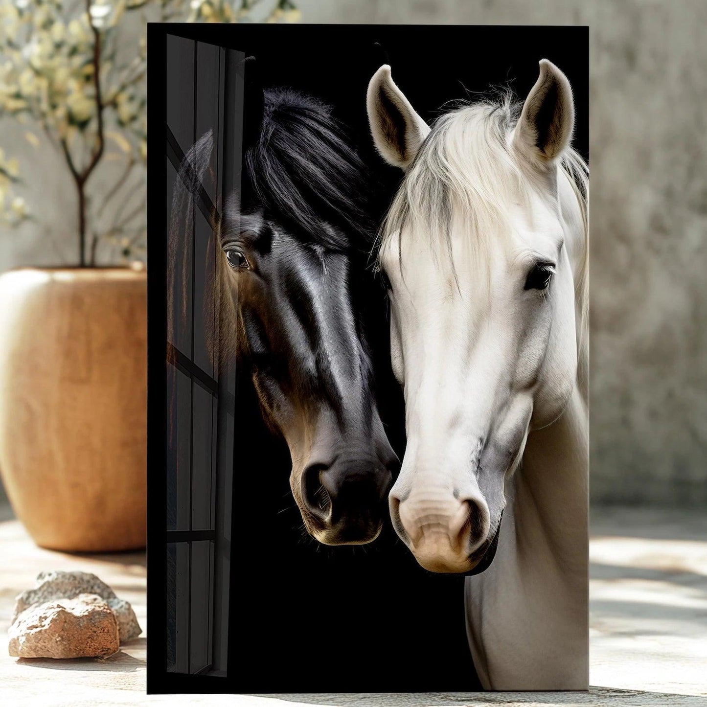 Chevaux Blancs et Noirs Tableau en Verre Trempé