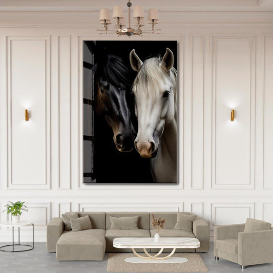 Chevaux Blancs et Noirs Tableau en Verre Trempé