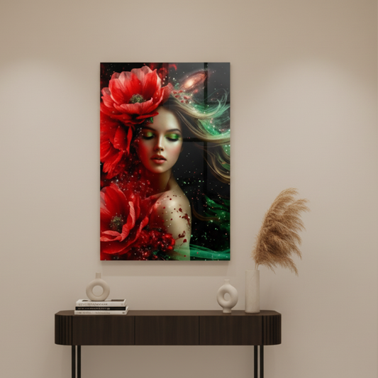 Romantic Girl with Poppies Glass Wall Art