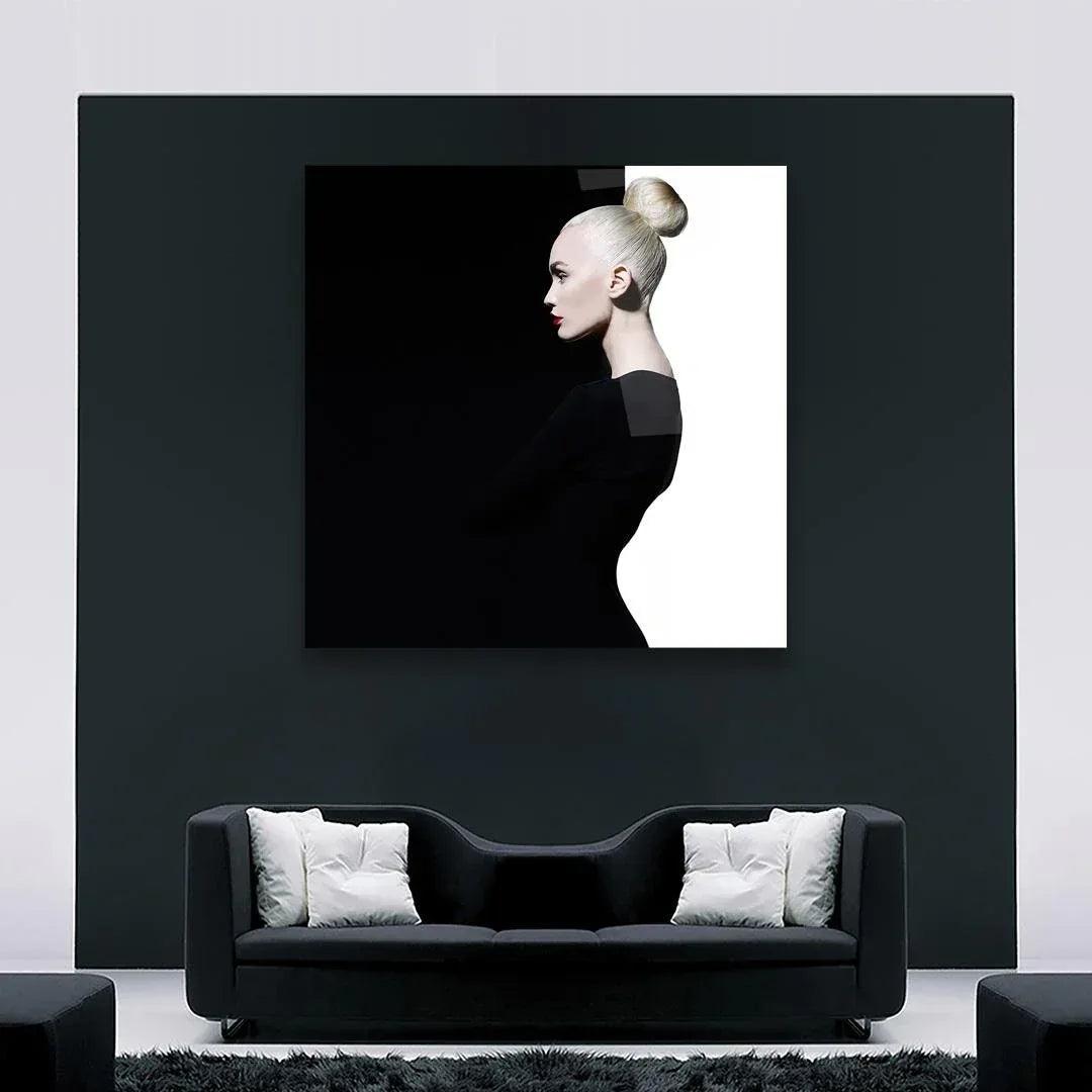 Black & White Woman Glass Wall Art - LUXARTDECO