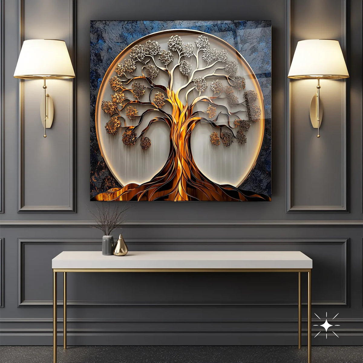 Arbre de Vie en Or et Argent Tableau en Verre Trempé