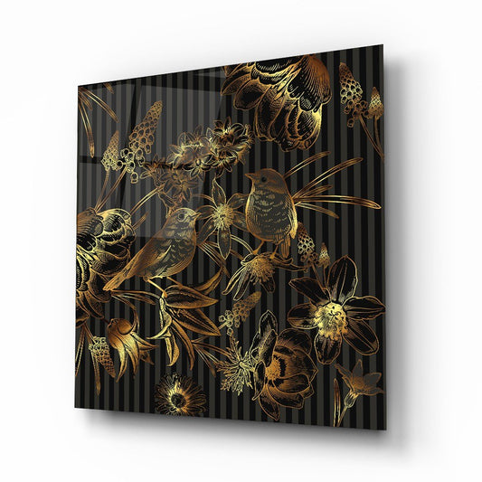 Gold Birds and Flowers Glass Wall Art