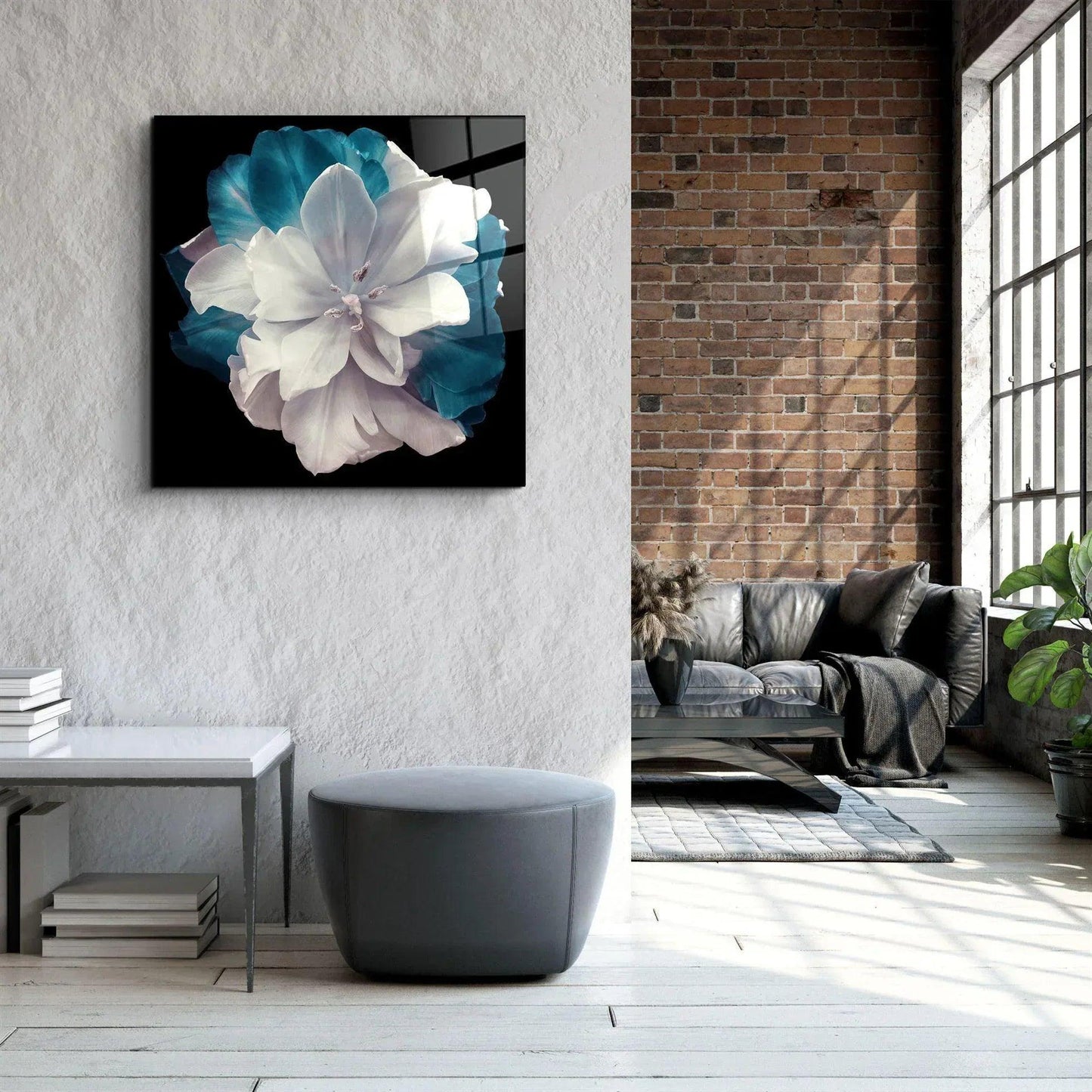 White-Turquoise Tulip Glass Wall Art - LUXARTDECO