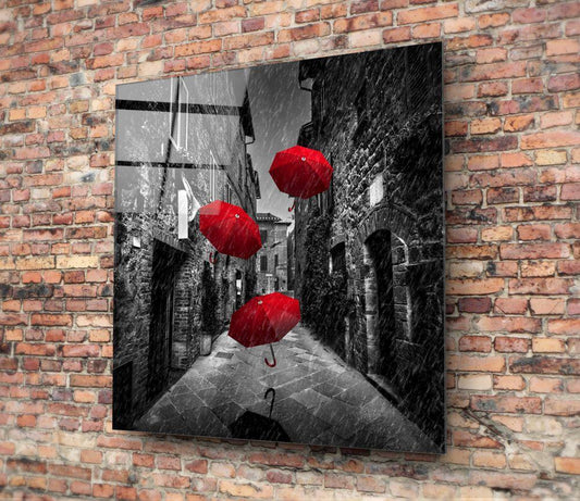 Red Umbrella Glass Wall Art - LUXARTDECO