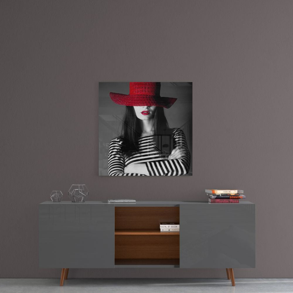 Woman in Red Hat Glass Wall Art