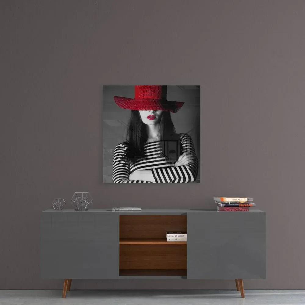 Woman in Red Hat Glass Wall Art - LUXARTDECO