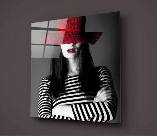 Woman in Red Hat Glass Wall Art - LUXARTDECO