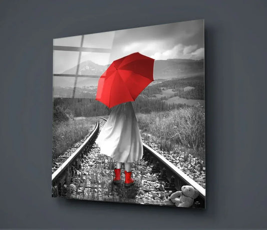Girl with Red Umbrella Glass Wall Art - LUXARTDECO