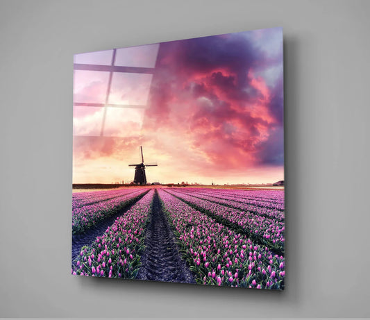Tulip Field Glass Wall Art - LUXARTDECO