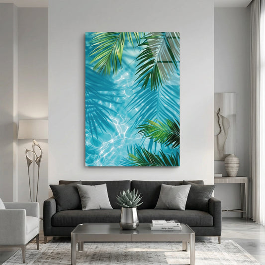 Palm Leaves Turquoise Water Glass Wall Art