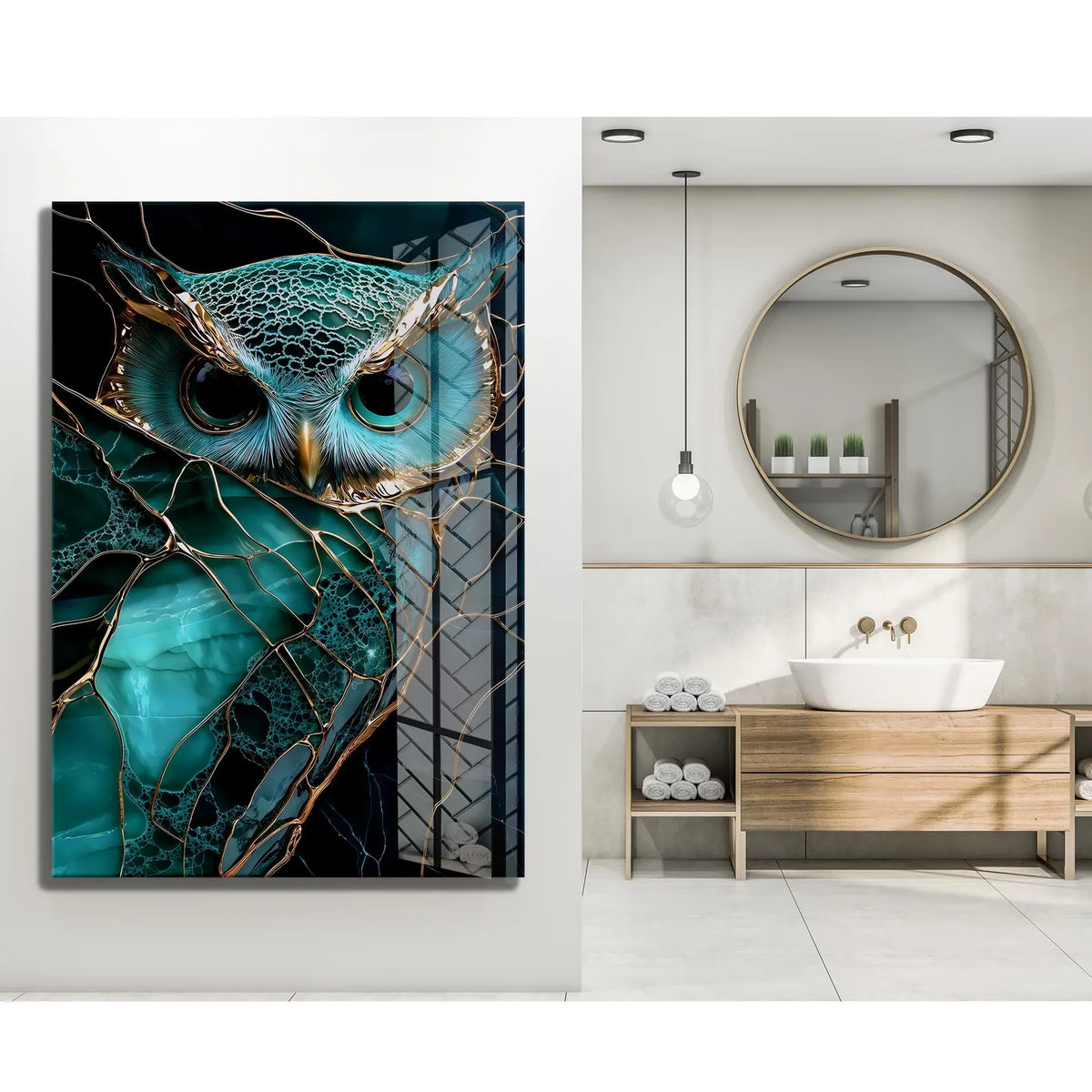 Turquoise Owl Glass Wall Art