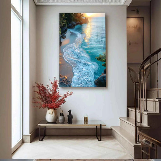 Tropical Beach Sunset Glass Wall Art