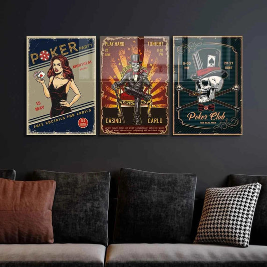 Vintage Poker Casino Glass Wall Art
