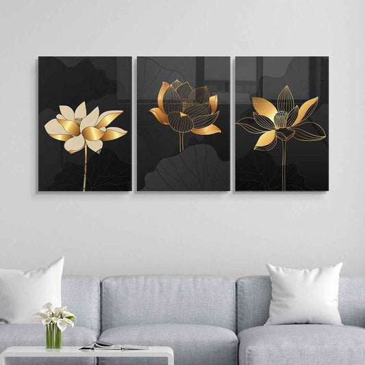 Golden Lotus Flowers Glass Wall Art