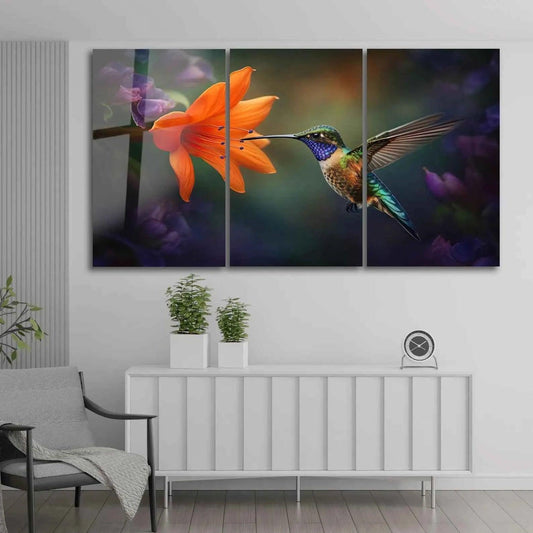 Hummingbird Orange Flower Glass Wall Art