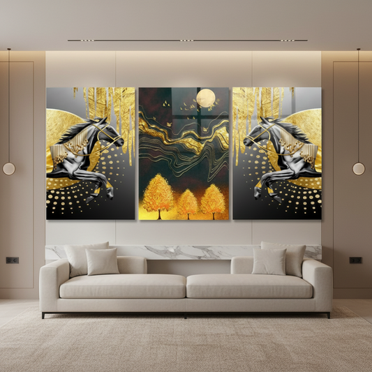 Twin Black Horses Glass Wall Art