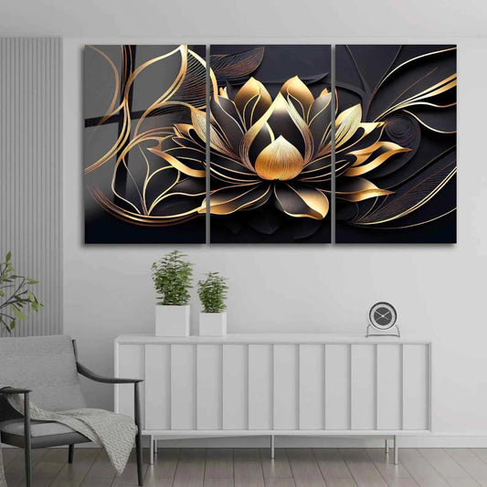 Black and Gold Lotus Glass Wall Art