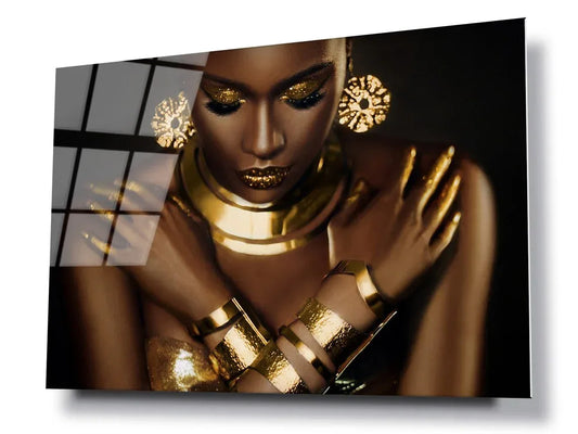 Gold African Woman Portrait Glass Wall Art - LUXARTDECO