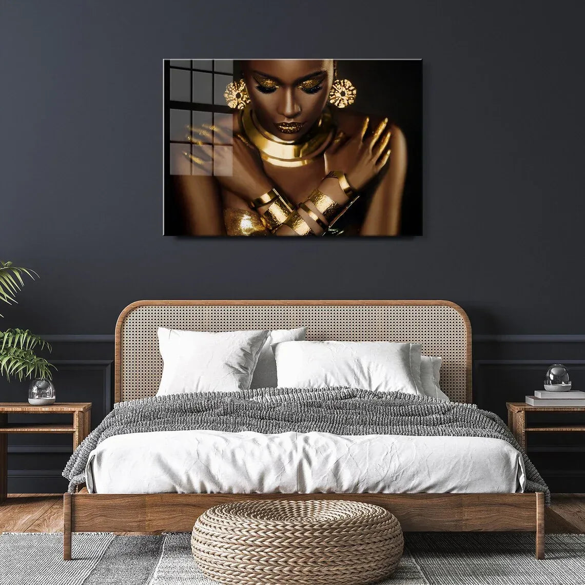 Gold African Woman Portrait Glass Wall Art - LUXARTDECO
