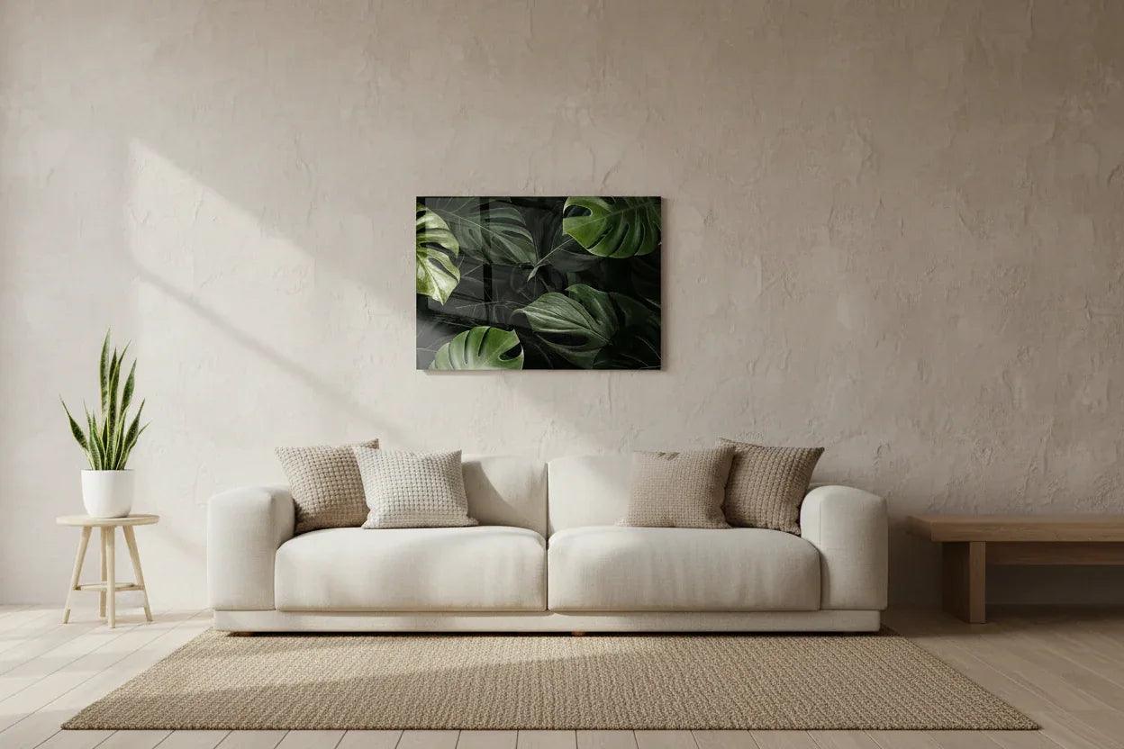 Green Leaves Glass Wall Art - LUXARTDECO