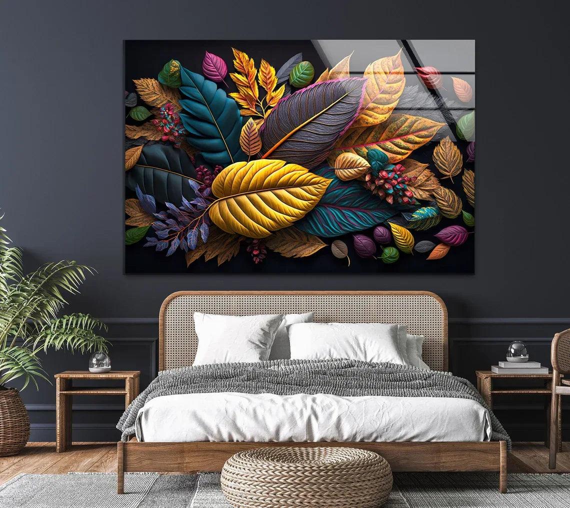 Multicolor Autumn Leaves Glass Wall Art - LUXARTDECO