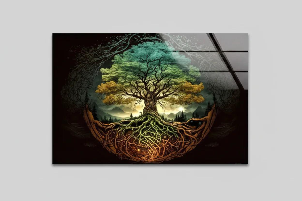 Turquoise & Gold Tree of Life Glass Wall Art - LUXARTDECO