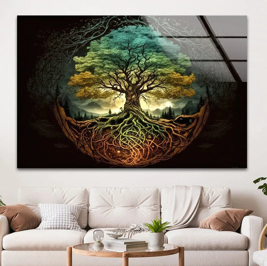 Turquoise & Gold Tree of Life Glass Wall Art - LUXARTDECO