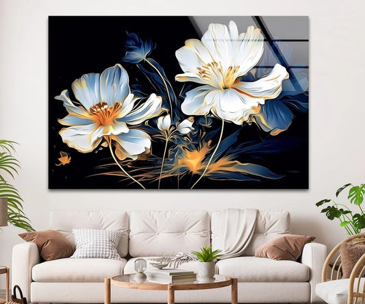 White & Blue Floral Glass Wall Art - LUXARTDECO