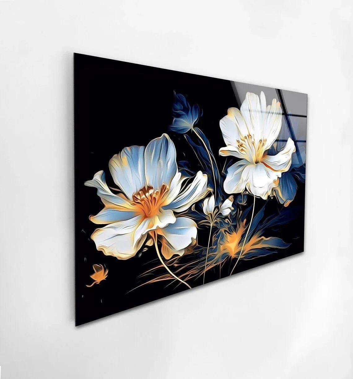 White & Blue Floral Glass Wall Art - LUXARTDECO