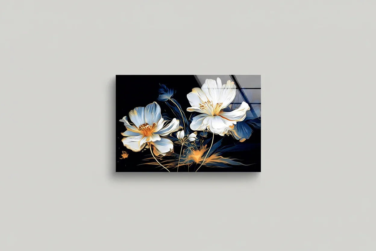 White & Blue Floral Glass Wall Art - LUXARTDECO