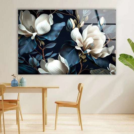 White & Blue Magnolia Glass Wall Art - LUXARTDECO
