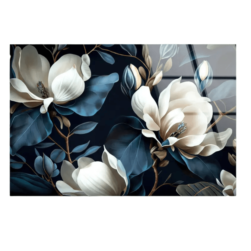 Blanc & Bleu Magnolia Tableau en Verre Trempé
