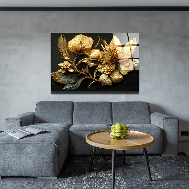 Golden Flower Glass Wall Art