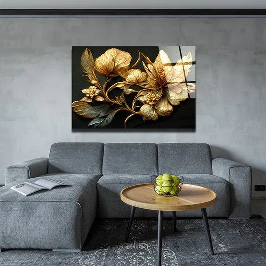 Golden Flower Glass Wall Art - LUXARTDECO