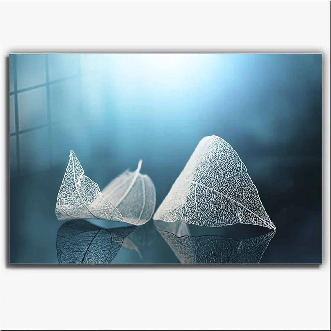 White & Blue Leaves Glass Wall Art - LUXARTDECO