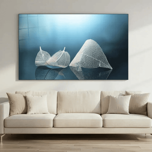 White & Blue Leaves Glass Wall Art - LUXARTDECO