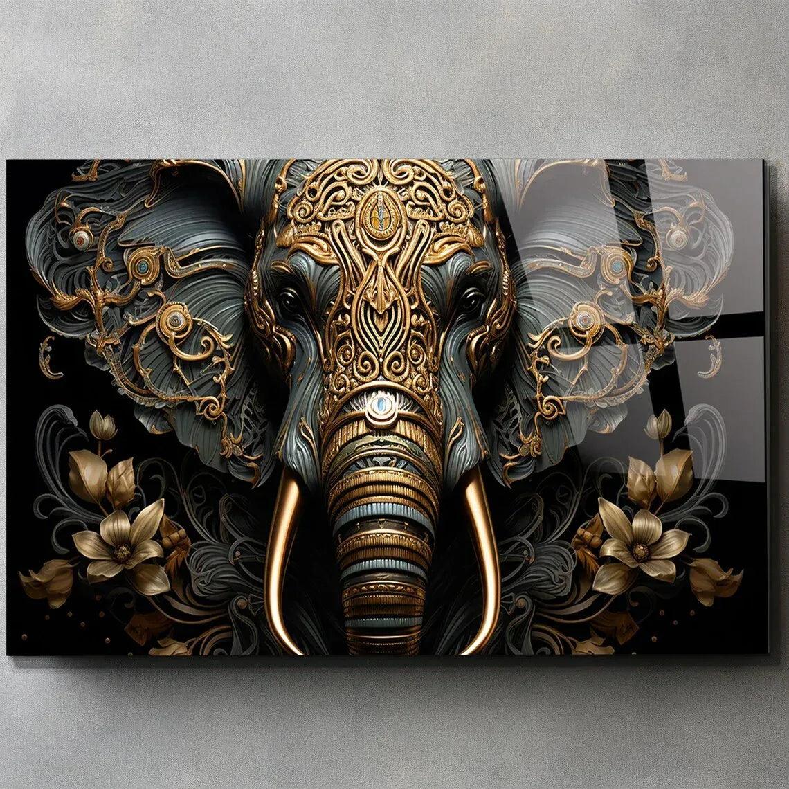 Gold & Brown Elephant Glass Wall Art - LUXARTDECO
